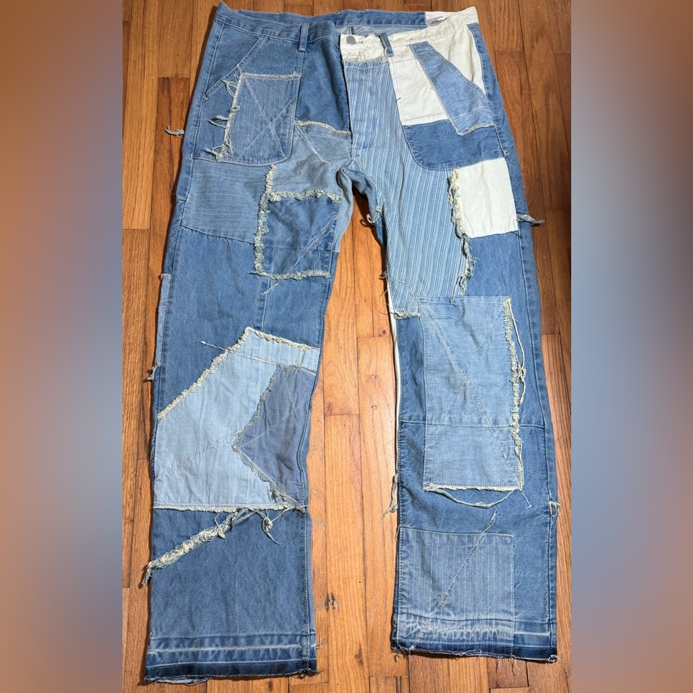 MNML JEANS MENS 38x30 Multi tone Patchwork Raw Hem Deconstructed Baggy Style